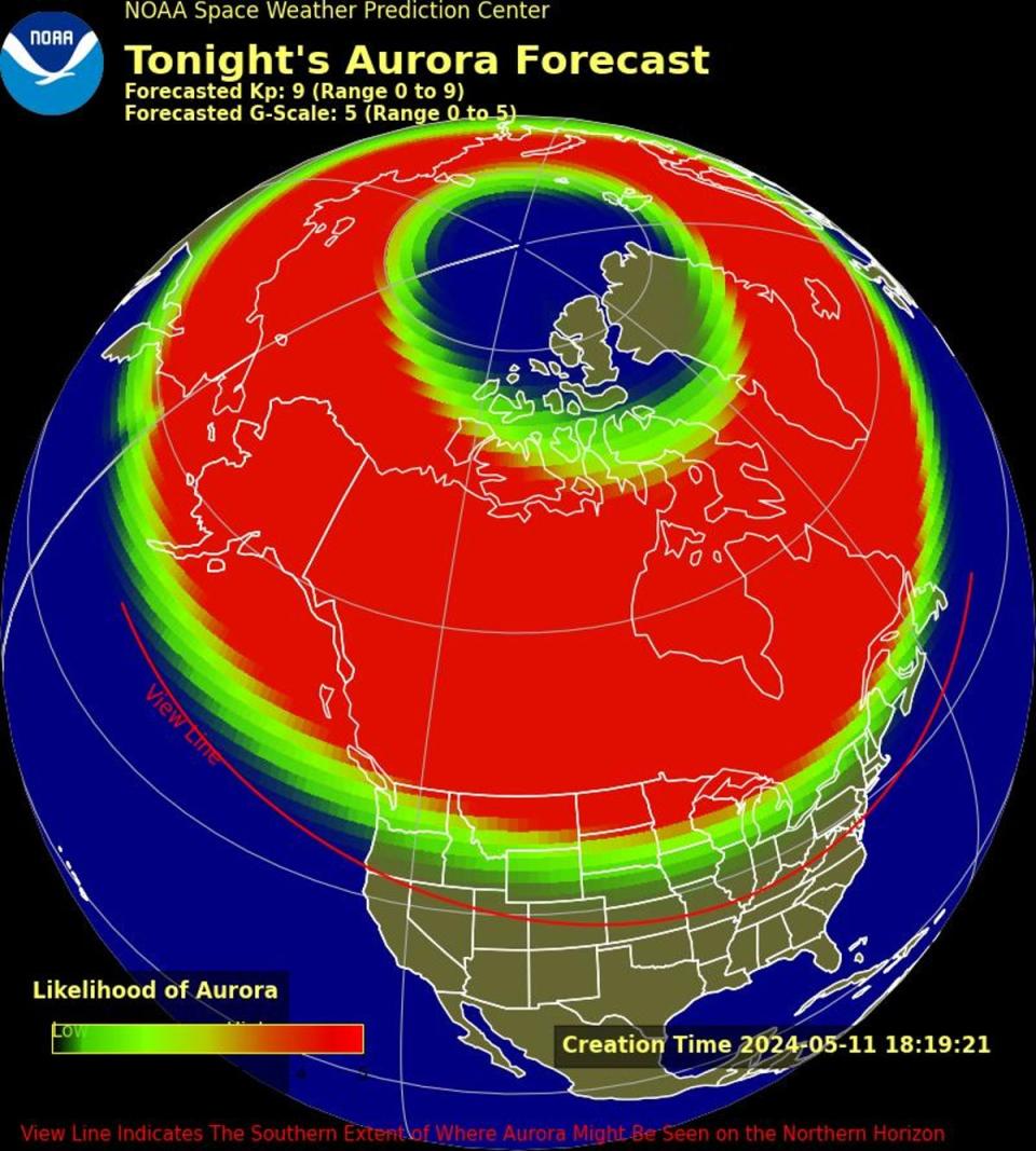 Aurora forecast in the northern US on May 11 2024, from NOAA’s Space Weather Prediction Center (NOAA)