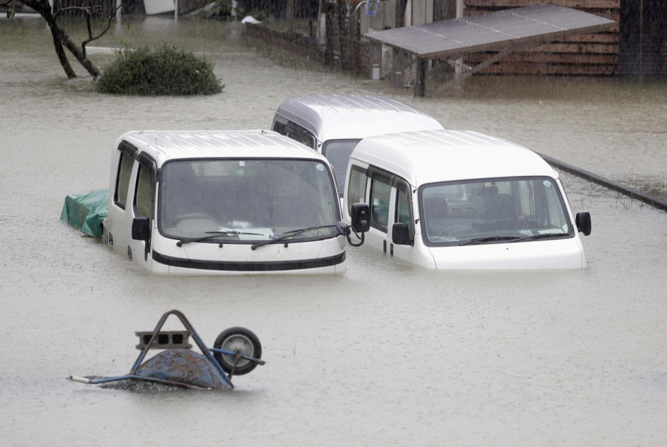 A residential area is flooded in Ise, Mie Prefecture, central Japan, ahead of the arrival of Typhoon Hagibis, in this photo taken by Kyodo October 12, 2019.  Mandatory credit Kyodo/via REUTERS ATTENTION EDITORS - THIS IMAGE WAS PROVIDED BY A THIRD PARTY. MANDATORY CREDIT. JAPAN OUT.