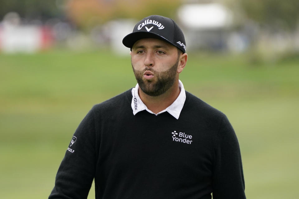 Jon Rahm, of Spain, reacts after putting the ball close to the first hole of the Silverado Resort North Course during the first round of the Fortinet Championship PGA golf tournament, Thursday, Sept. 16, 2021, in Napa, Calif. (AP Photo/Eric Risberg)