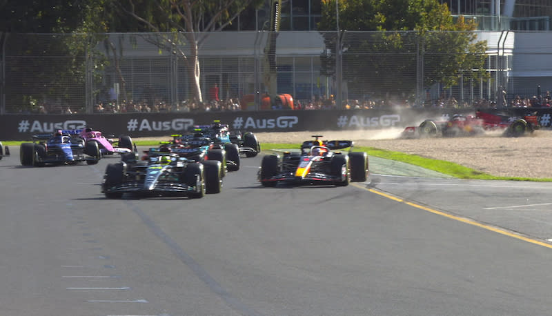 Luke (right) retired shortly following the start.  (Picture: F1 Twitter)