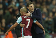 <p>Britain Football Soccer – West Ham United v Manchester United – Premier League – London Stadium – 2/1/17 West Ham United’s Sofiane Feghouli hugs West Ham United manager Slaven Bilic after being sent off Action Images via Reuters / John Sibley Livepic EDITORIAL USE ONLY. No use with unauthorized audio, video, data, fixture lists, club/league logos or “live” services. Online in-match use limited to 45 images, no video emulation. No use in betting, games or single club/league/player publications. Please contact your account representative for further details. </p>