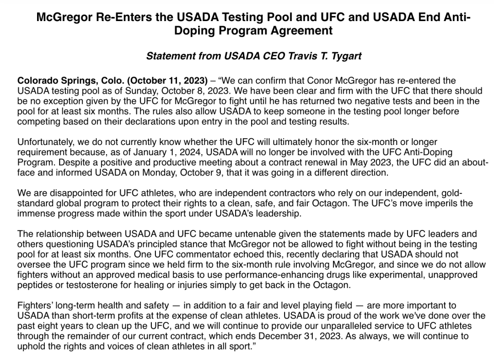 The full statement of USADA CEO Travis Tygart, released Wednesday. (USADA)