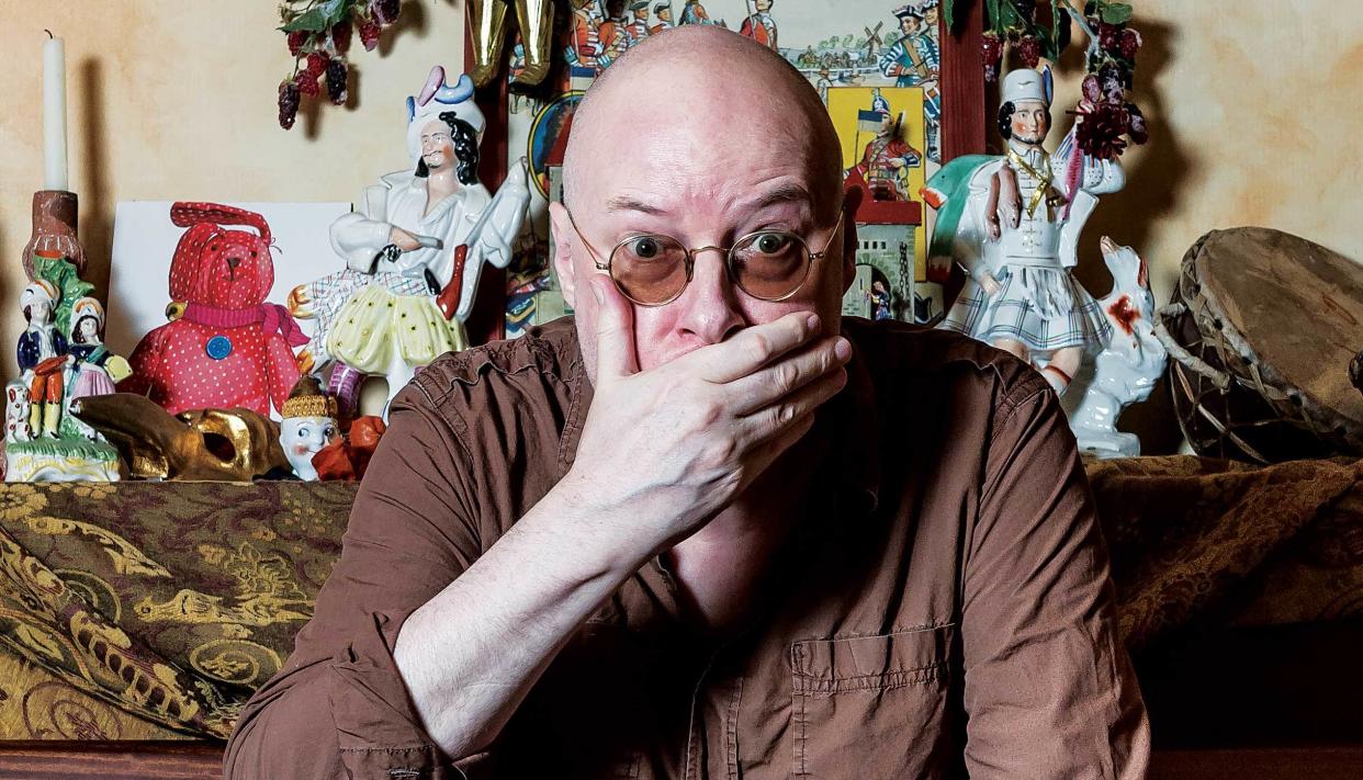  Andy Partridge at home with his hand over his mouth. 