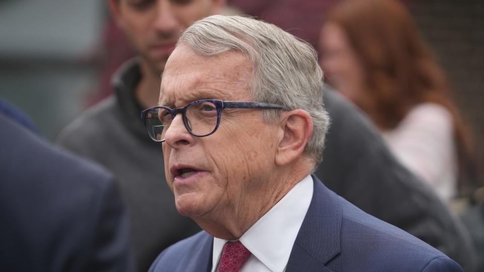 Ohio Governor Mike DeWine answers reporters' questions about the news of the day after he toured the Ohio Temple of The Church of Jesus Christ of Latter-day Saints on Monday, April 24, 2023.  Mandatory Credit: Doral Chenoweth/The Columbus Dispatch