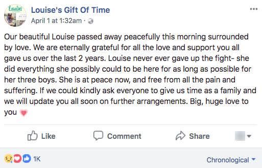 Louise's family shared the devastating news of her death a few days ago. Photo: Facebook/louisesgiftoftime