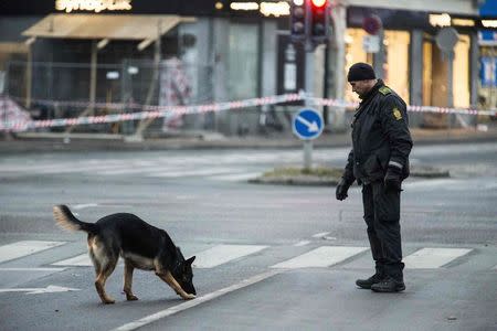 A policeman and his dog work in a cordoned off area in a street near Norrebro Station following shootings in Copenhagen February 15, 2015. REUTERS/Martin Sylvest/Scanpix