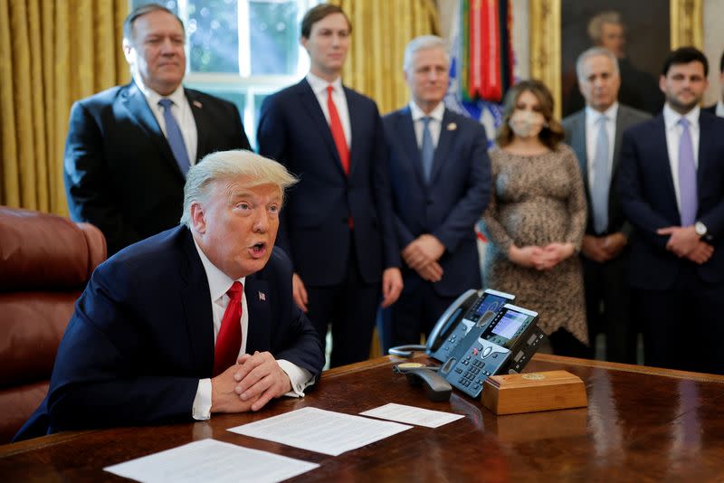 U.S. President Donald Trump speaks about Sudan in the Oval Office at the White House in Washington