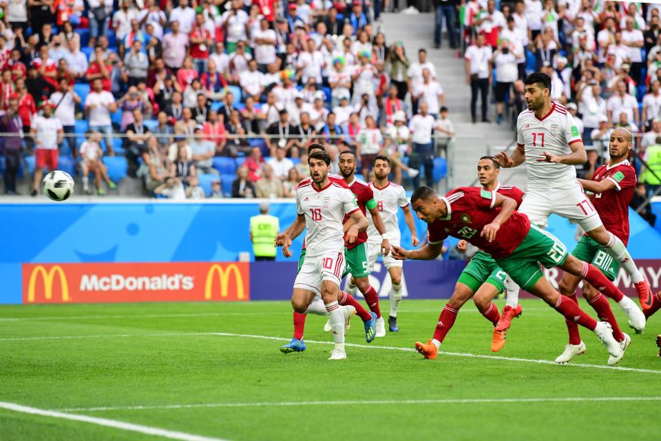 Morocco’s Aziz Bouhaddouz scored a 95th-minute own goal to give Iran a 1-0 win in Group B at the 2018 World Cup. (Getty)