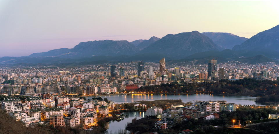 CEBRA's vertical tower in the context of downtown Tirana, Albania.