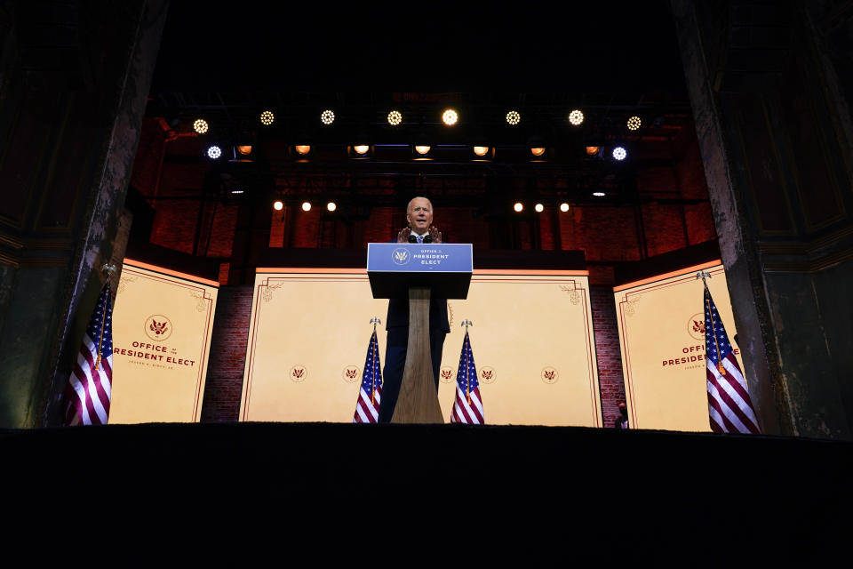 President-elect Joe Biden speaks at The Queen theater Wednesday, Nov. 25, 2020, in Wilmington, Del. (AP Photo/Carolyn Kaster)