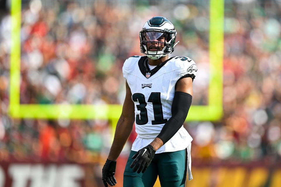 Philadelphia Eagles safety Kevin Byard (31) looks on during an NFL football game against the Washington Commanders, Sunday, Oct. 29, 2023, in Landover, Md.