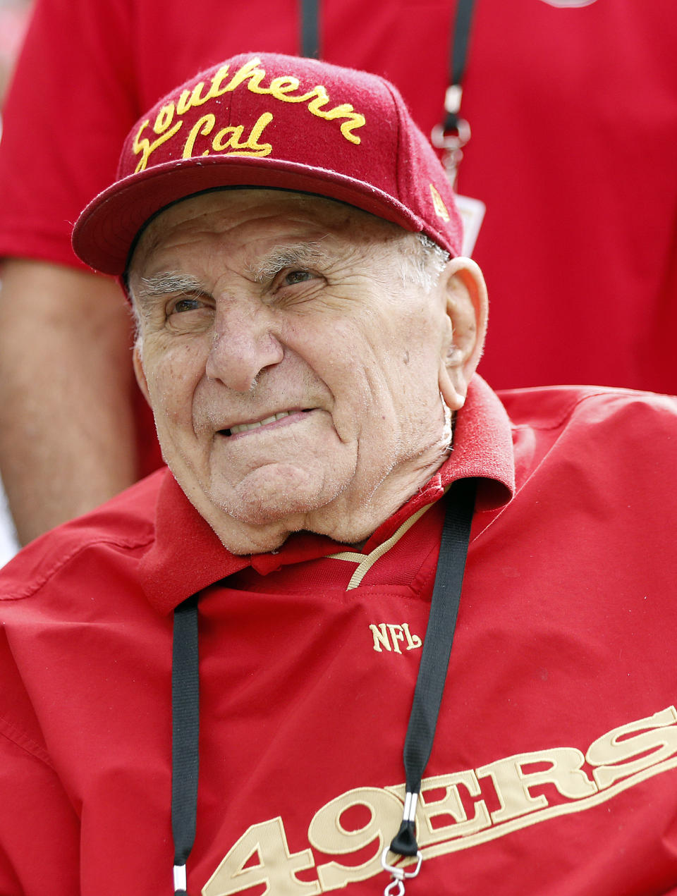 FILE - In this Sunday, Oct. 21, 2018, file photo, former San Francisco 49ers player Paul Salata is seen before an NFL football game between the 49ers and the Los Angeles Rams in Santa Clara, Calif. Salata, who created the Mr. Irrelevant Award that honors the last selection of the NFL draft, after playing football at Southern California and in the NFL and Canadian Football League, died Saturday, Oct. 16, 2021. He was 94. (AP Photo/Josie Lepe, File)