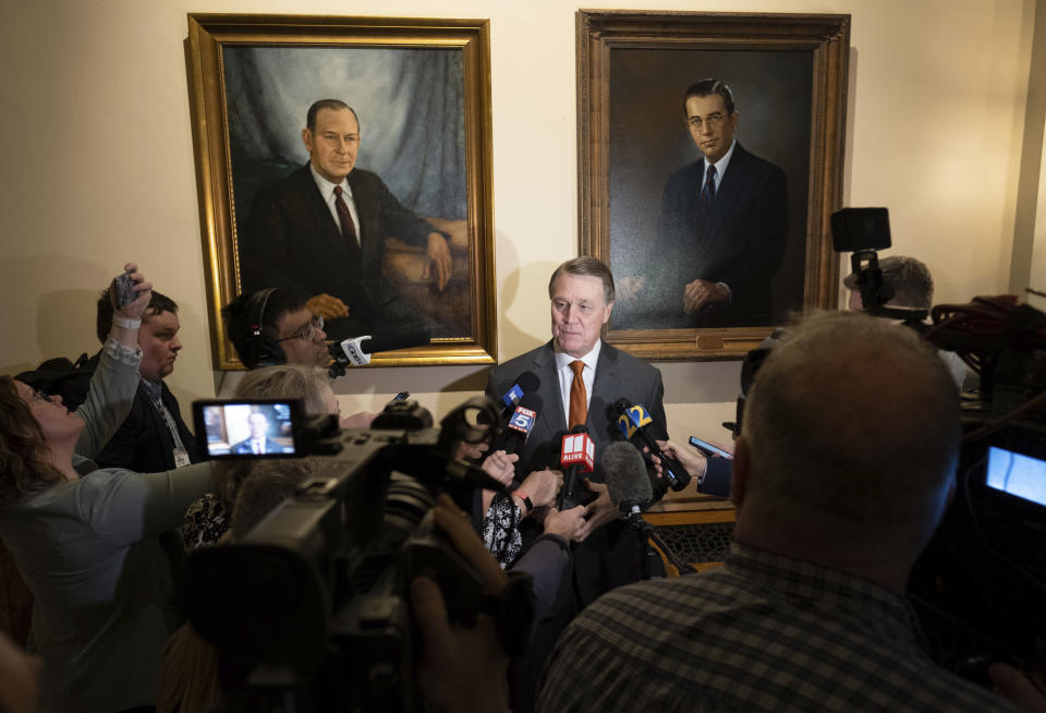 Former U.S. Sen. David Perdue speaks to journalists after filing paperwork to qualify to run for governor Wednesday, March 9, 2022 at the Georgia State Capitol in Atlanta. (Ben Gray/Atlanta Journal-Constitution via AP)