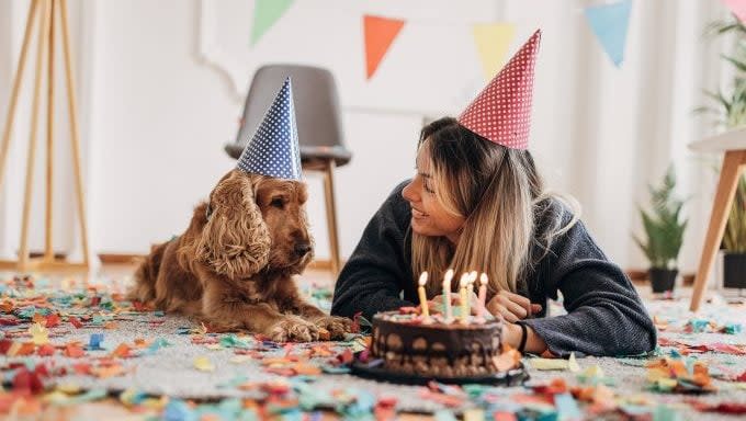 dog and owner celebrating birthday dog years