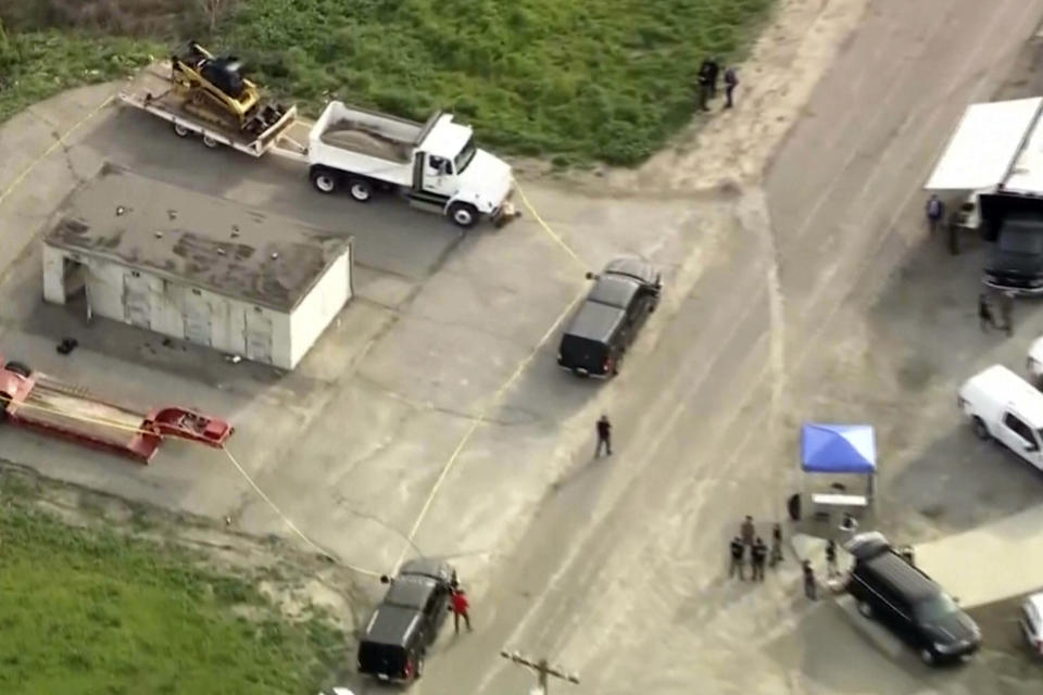 In this image taken from video provided by KTLA, law enforcement personnel work at the scene following an explosion during an indoor training exercise, Wednesday, March 13, 2024, in Irvine, Calif. An explosion during an indoor training exercise Wednesday sent 16 members of Southern California's Orange County Sheriff’s Department SWAT team to the hospital, with one person requiring surgery for a leg injury, the department said. (KTLA via AP)