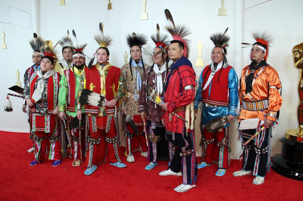 Osage Nation singers and dancers appear on the red carpet at the 96th Academy Awards March 10, 2024, in Los Angeles.