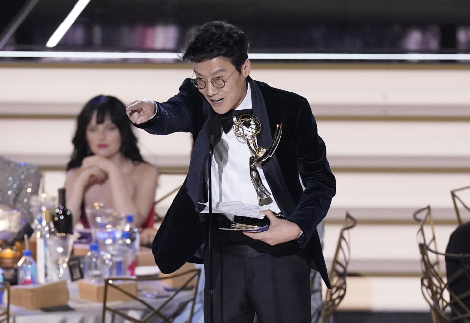 Hwang Dong-hyuk accepts the Emmy for outstanding directing for a drama series for "Squid Game" at the 74th Primetime Emmy Awards on Monday, Sept. 12, 2022, at the Microsoft Theater in Los Angeles. (AP Photo/Mark Terrill)
