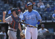 Kansas City Royals' Salvador Perez reacts after striking out to end the baseball game against the Detroit Tigers, in Kansas City, Mo., Wednesday, June 16, 2021. (AP Photo/Reed Hoffmann)