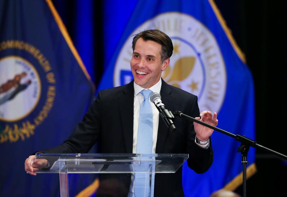 Morgan McGarvey smiled as he acknowledged the crowd after winning the seat to the 3rd Congressional District during the Democratic watch party on election night at the Galt House in Louisville, Ky. on Nov. 8, 2022.  