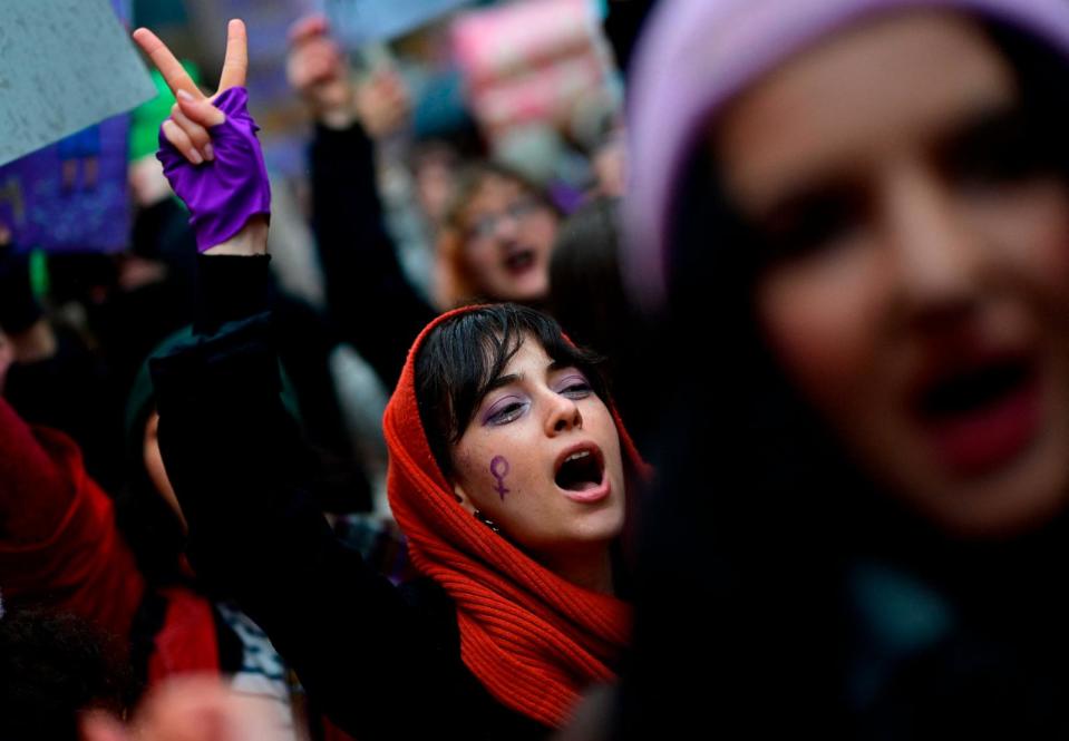 PHOTO: A protester shouts slogans during a march marking the International Women's Rights Day near Taksim Square in Istanbul, Turkey, March 8, 2024.  (Yasin Akgul/AFP via Getty Images)