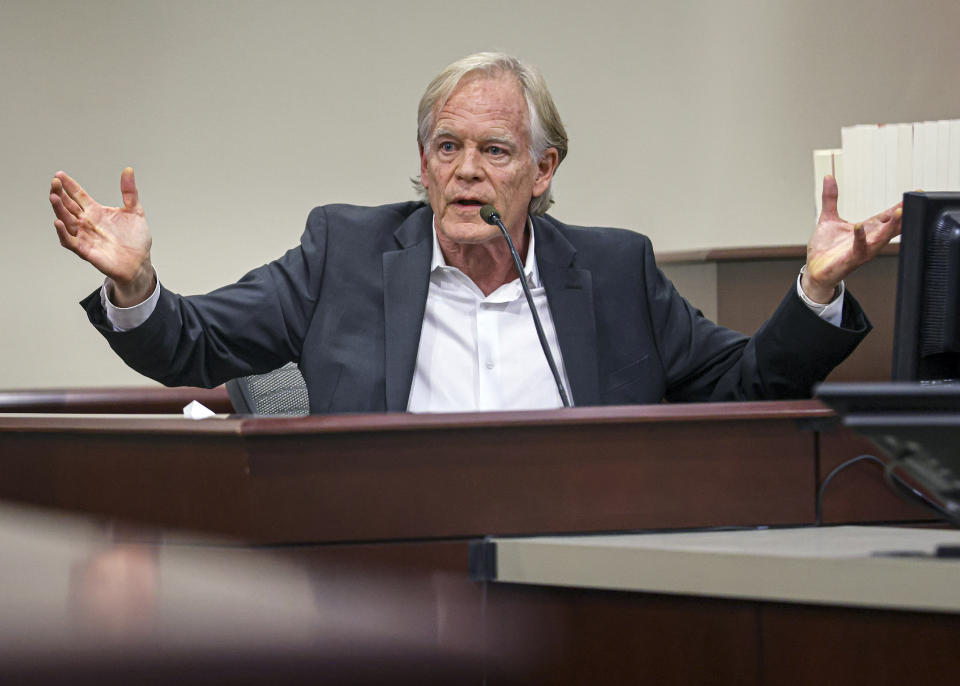 David Halls, former first assistant director on "Rust," testifies during Hannah Gutierrez-Reed's involuntary manslaughter trial in state district court in Santa Fe, N.M., Thursday, Feb. 29, 2024. (Gabriela Campos/Santa Fe New Mexican via AP, Pool)