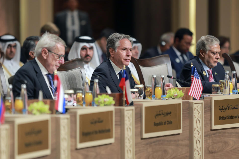 US Secretary of State Antony Blinken attends the "Call for Action: Urgent Humanitarian Response for Gaza" conference, at the Dead Sea, Jordan Tuesday June 11, 2024. (Alaa Al Sukhni/Pool Photo via AP)