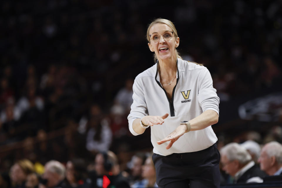 Vanderbilt head coach Shea Ralph argues with an official as her team plays against South Carolina during the second half of an NCAA college basketball game in Columbia, S.C., Sunday, Jan. 28, 2024. (AP Photo/Nell Redmond)