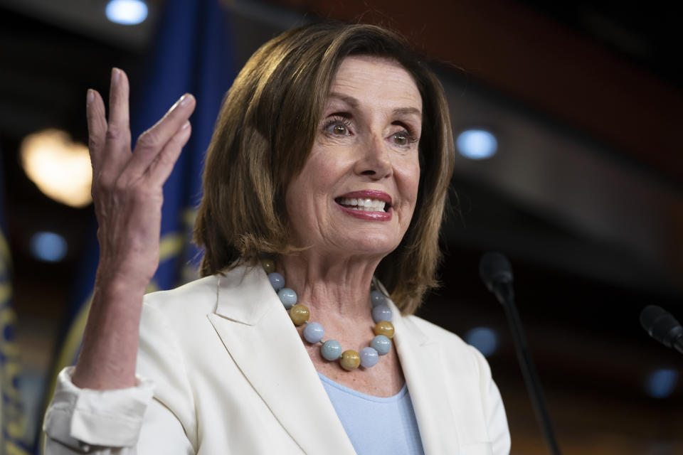 Speaker of the House Nancy Pelosi, D-Calif., holds a news conference on Capitol Hill in Washington, Wednesday, July 17, 2019. (AP Photo/J. Scott Applewhite)