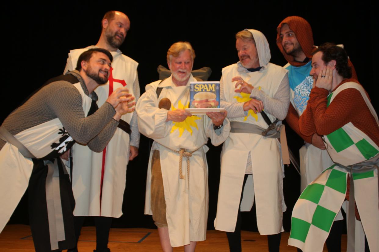 From left, James Lamoureux, Ray Johnson, Gary Swanson, Kevin Moylan, James Gillis and Isaac Swanson appear in "Spamalot" at the Flanagan Theater at Southgate at Shrewsbury