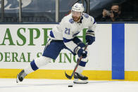 Tampa Bay Lightning center Brayden Point (21) brings the puck up the ice against the New York Islanders during the third period of Game 3 of the NHL hockey Stanley Cup semifinals, Thursday, June 17, 2021, in Uniondale, N.Y. Tampa Bay won 2-1.(AP Photo/Frank Franklin II)