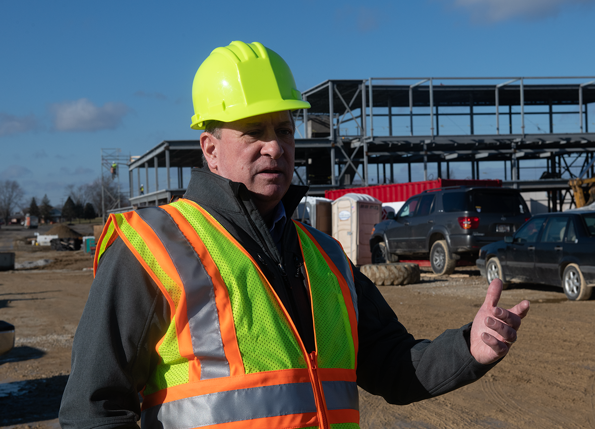 Dennis West, economic development director, at the construction site of LG Chem building on N. Chestnut in Ravenna.