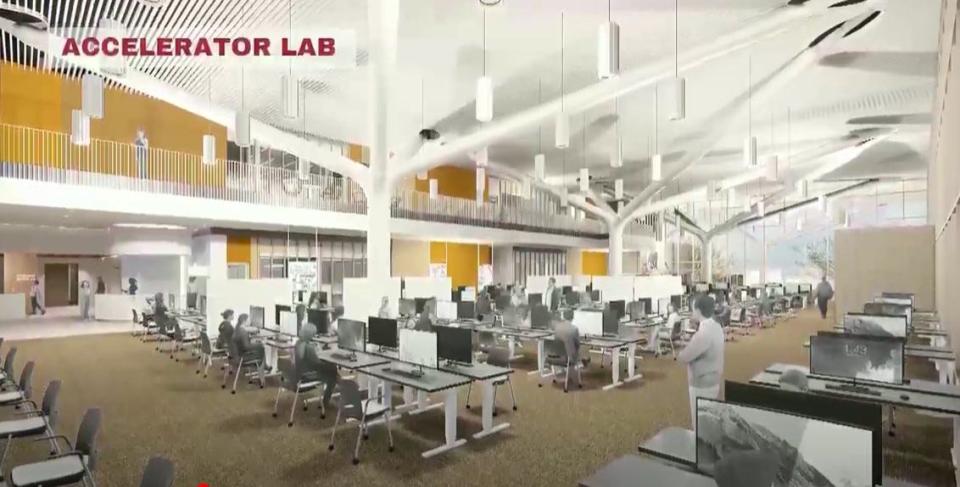 A rendering showing the interior of the Accelerator building on the planned Palm Springs campus of College of the Desert.