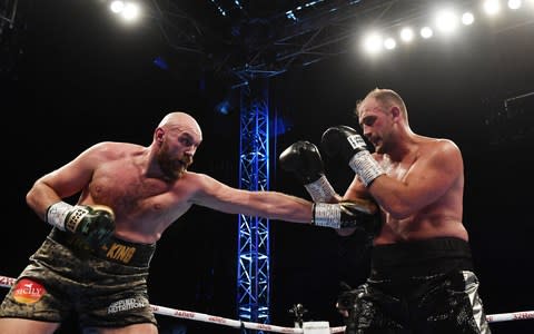 Tyson Fury and Francesco Pianeta during their 10-round heavyweight contest at Windsor Park - Credit: Getty