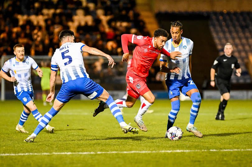 Donovan Wilson during the Sky Bet League Two match between Colchester United FC and Grimsby Town FC at the JobServe Community Stadium, Colchester, England on the 16th April 2024. 
Photo by Jon Corken