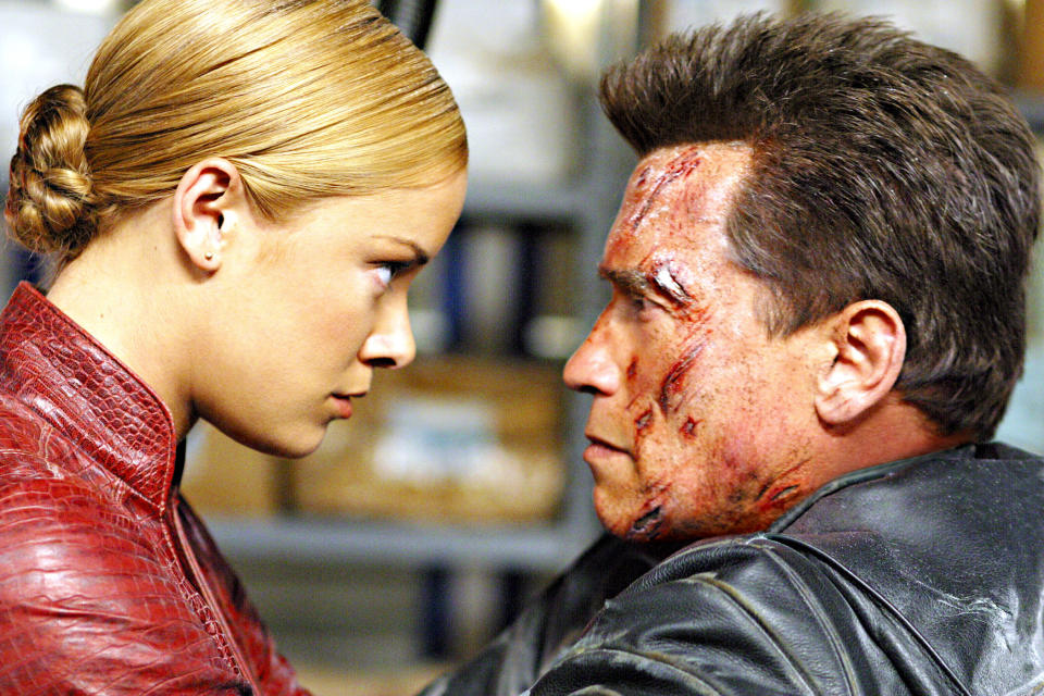 The T-X (Kristanna Loken) gives the T-800 a royal whupping in Terminator 3: Rise of the Machines. (Photo: Warner Bros/Courtesy Everett Collection)