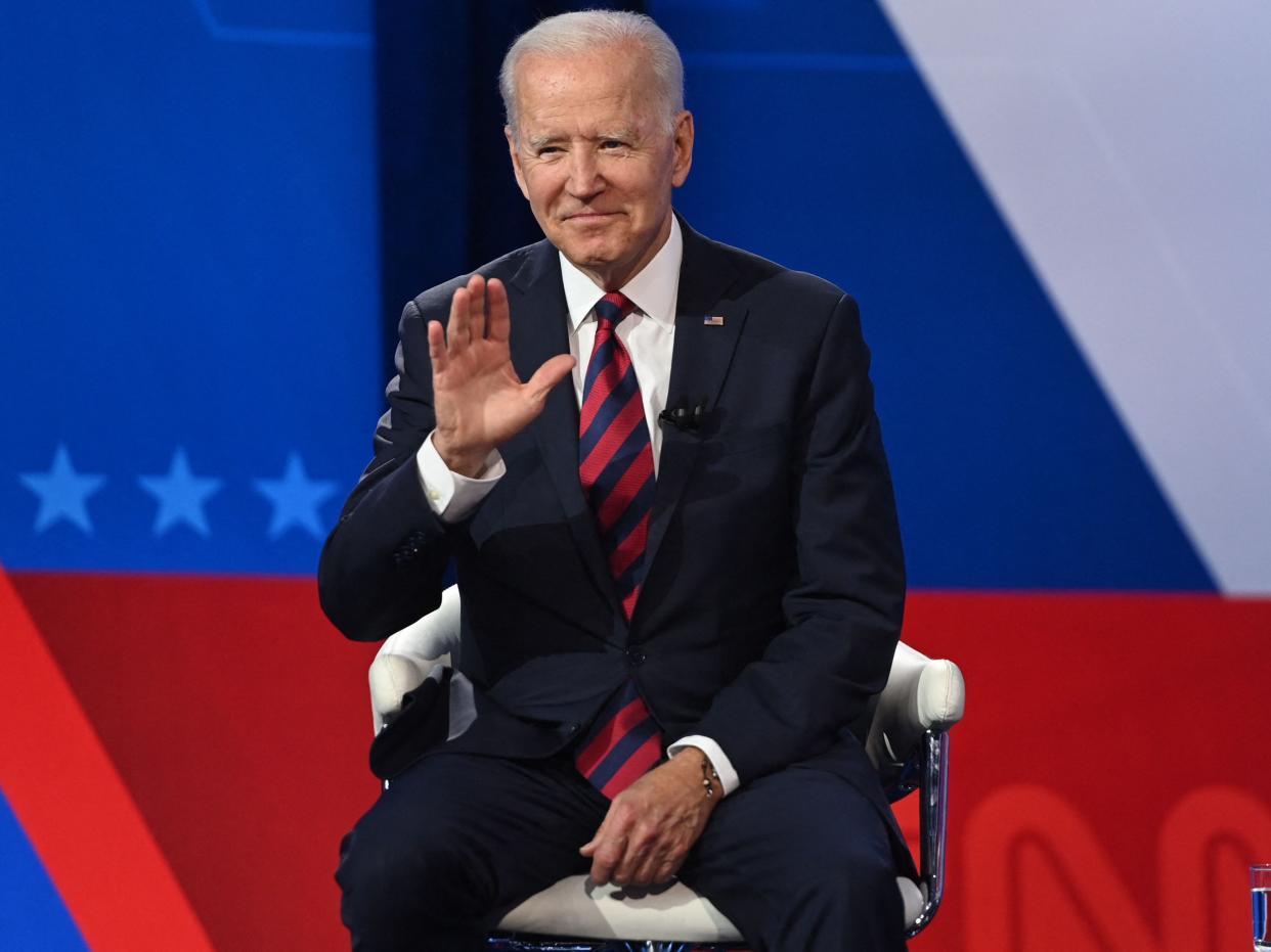 Joe Biden waves as he participates in a CNN Town Hall hosted by Don Lemon at Mount St. Joseph University in Cincinnati, Ohio, July 21, 2021. (AFP via Getty Images)