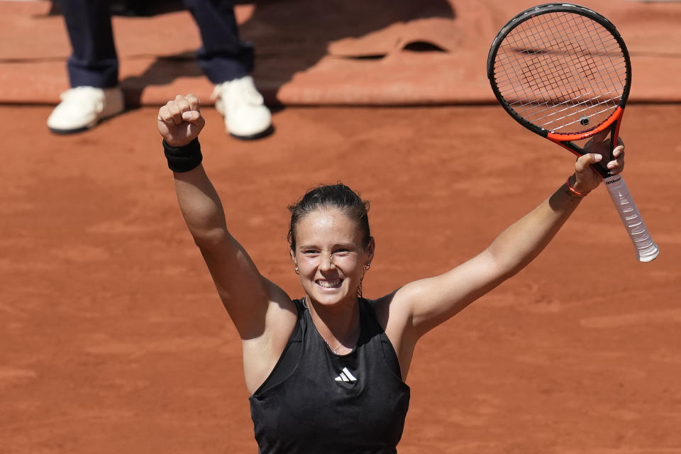 Russia's Daria Kasatkina celebrates winning her second round match of the French Open tennis tournament against Marketa Vondrousova of the Czech Republic in two sets, 6-3, 6-4, at the Roland Garros stadium in Paris, Wednesday, May 31, 2023. (AP Photo/Christophe Ena)