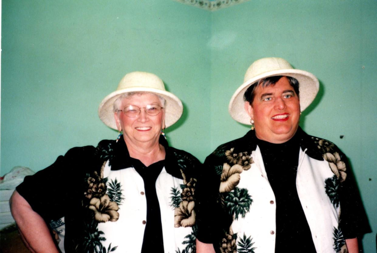 Flashy hats and blouses were the order of the day for singers Barbara Fohl, right, and her friend, Joanne Schubert. They were dressed for a Sweet Adelines concert in the 1980s in Ashtabula.