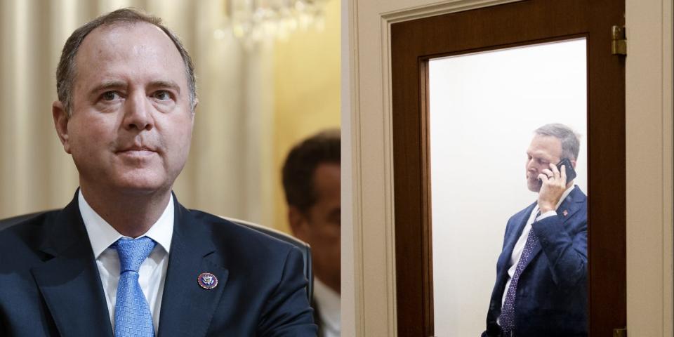Left: U.S. Rep. Adam Schiff (D-CA) attends a hearing by the Select Committee to Investigate the January 6th Attack on the U.S. Capitol in the Cannon House Office Building on June 13, 2022 in Washington, DC. Right: Rep. Scott Perry, R-Pa., talks on the phone in Rayburn Building on Thursday, October 1, 2020.