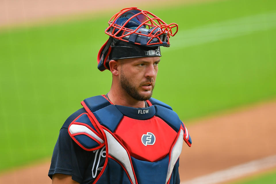 Atlanta Braves Catcher Tyler Flowers isn't with the team for opening day after showing coronavirus symptoms. (Photo by Rich von Biberstein/Icon Sportswire via Getty Images)