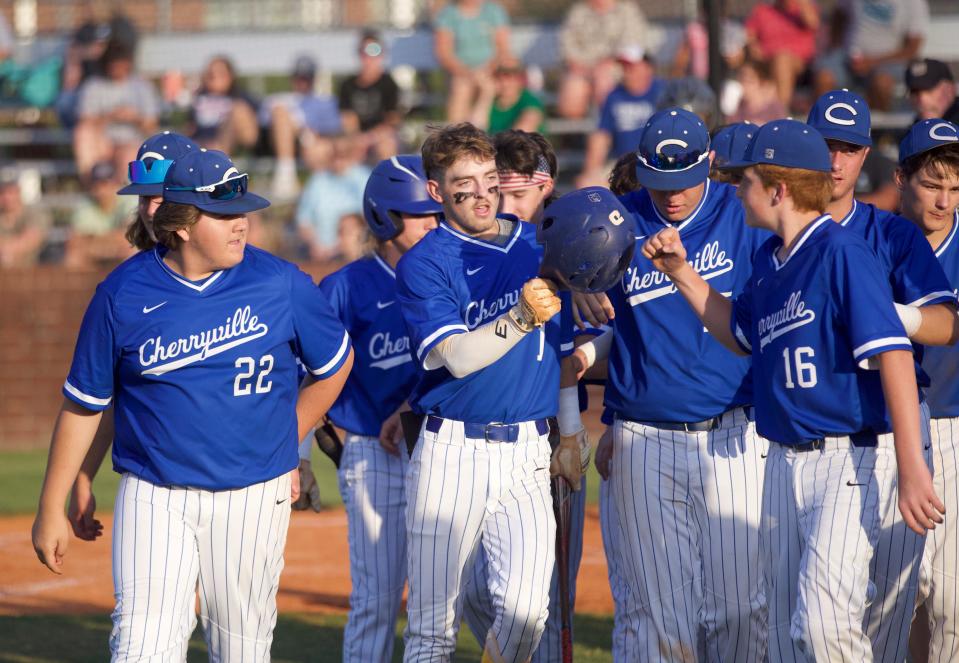 Cherryville's Landon Hahn is congratulated following a first inning home run May 20, 2022 in his team's NCHSAA 1A West baseball playoff matchup against Uwharrie Charter.