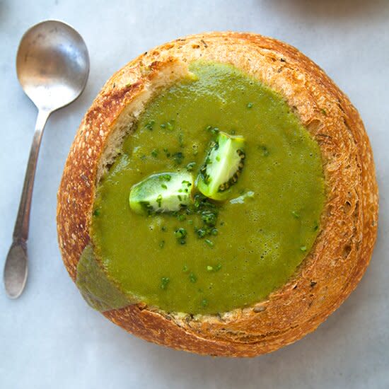 Roasted Green Tomato Basil Soup in Sourdough