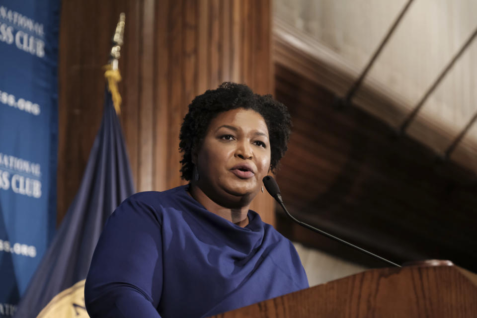 Former Georgia House Democratic Leader Stacey Abrams, speaks at the National Press Club, Friday, Nov. 15, 2019 in Washington. (AP Photo/Michael A. McCoy)