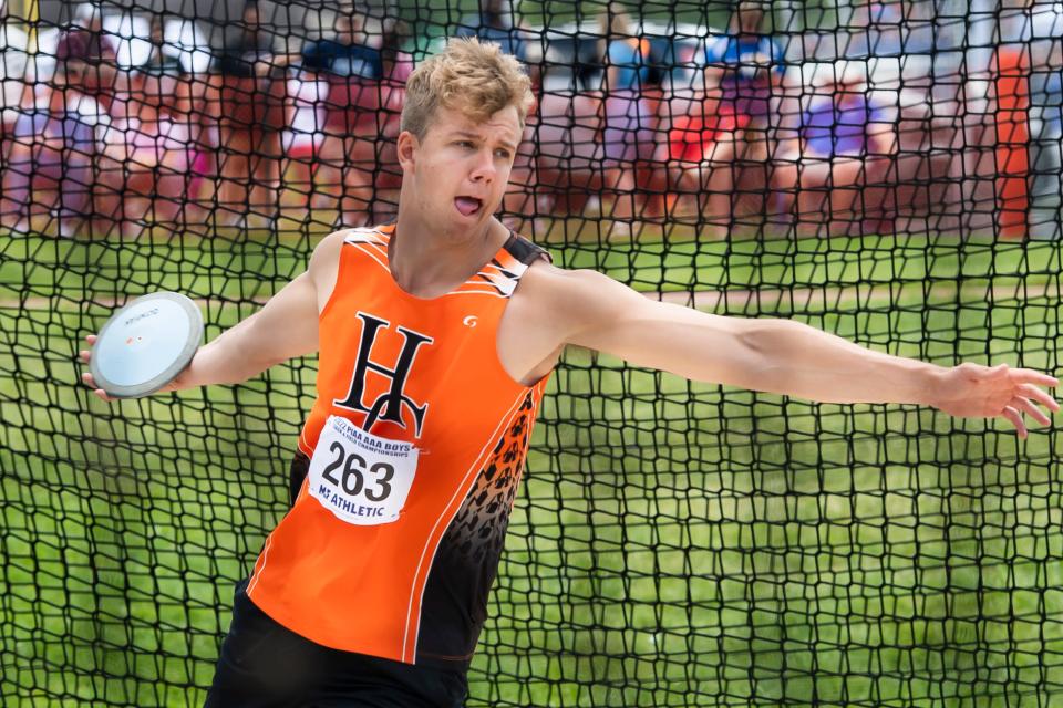 Harbor Creek's Hayden Mahoney competes in the Class 3A discus at the PIAA track and field championships at Shippensburg University on Saturday.