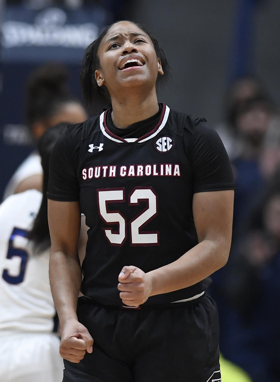 South Carolina's Tyasha Harris reacts after throwing a pass out of bounds during the second half of an NCAA college basketball game against Connecticut, Monday, Feb. 11, 2019, in Hartford, Conn. (AP Photo/Jessica Hill)