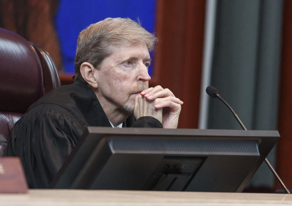 Utah Supreme Court Chief Justice Matthew B. Durrant listens to oral arguments for a case challenging the state's congressional districts before the Utah Supreme Court in Salt Lake City, Tuesday, July 11, 2023. (Leah Hogsten/The Salt Lake Tribune via AP, Pool)