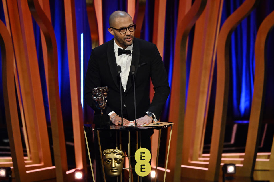 LONDON, ENGLAND - FEBRUARY 18: Cord Jefferson accepts the Adapted Screenplay Award for 'American Fiction' during the 2024 EE BAFTA Film Awards, held at the Royal Festival Hall on February 18, 2024 in London, England. (Photo by Kate Green/BAFTA/Getty Images for BAFTA)