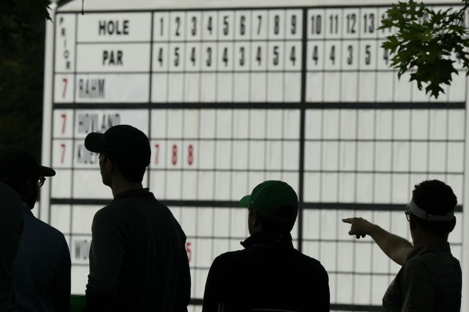 Patron watch on the sixth hole during the second round of the Masters golf tournament at Augusta National Golf Club on Friday, April 7, 2023, in Augusta, Ga. (AP Photo/Charlie Riedel)