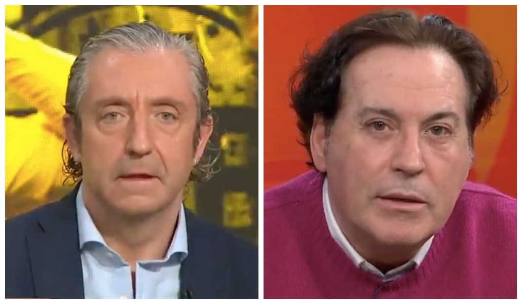 Josep Pedrerol y Pipi Estrada en el plató de 'El chiringuito de jugones' en el momento de la información sobre Joan Laporta y Lionel Messi. (Fuente: Twitter/@elchiringuitotv)