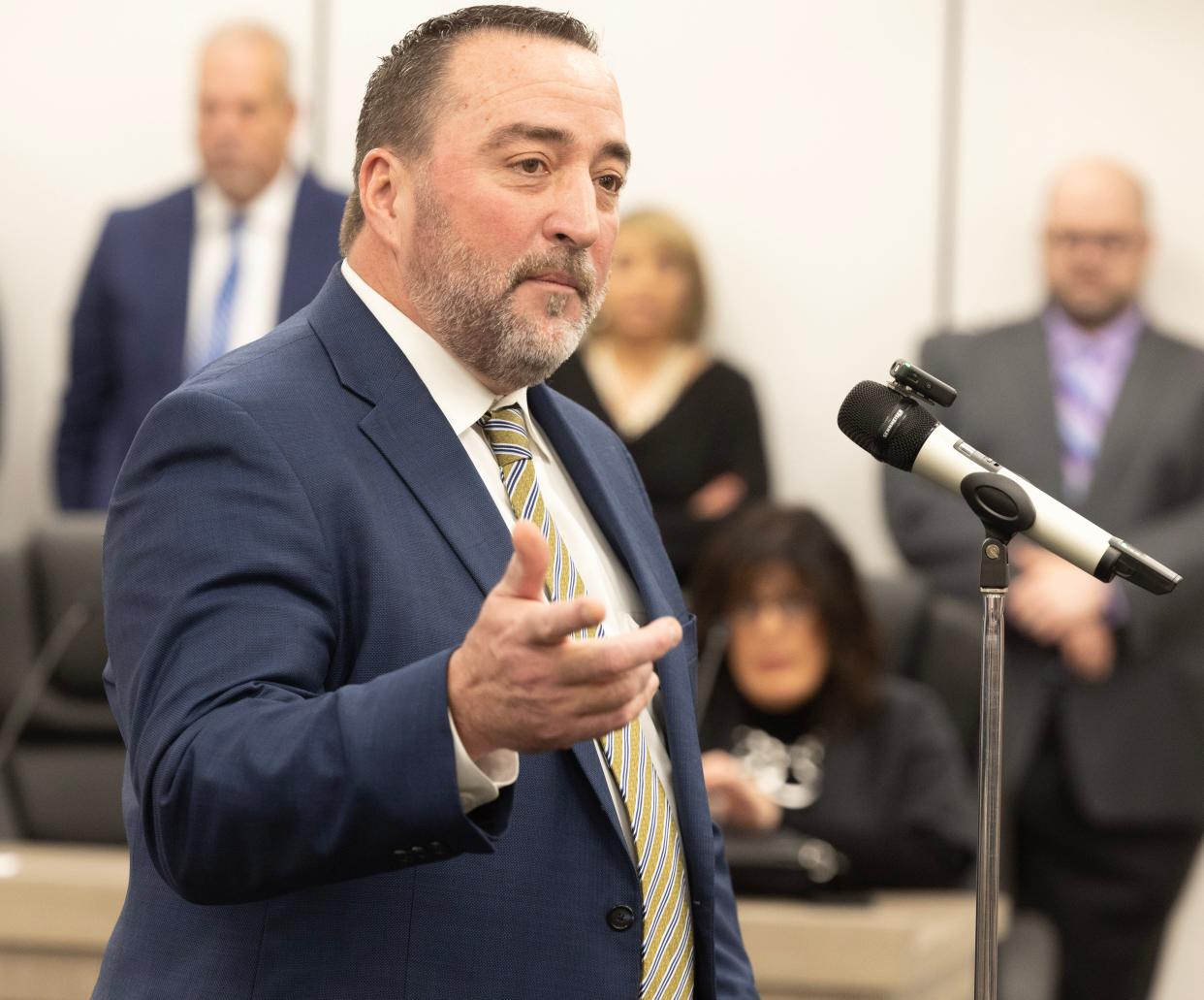 William Sherer II thanks his predecessor, Tom Bernabei, after Sherer was sworn in as Canton's new mayor during a ceremony Thursday at City Hall.